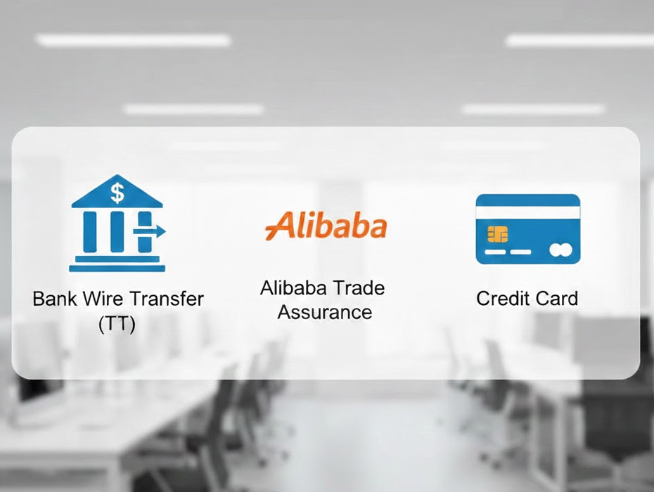 accept bank wire transfer (T/T), alibaba trade assurance, credit card