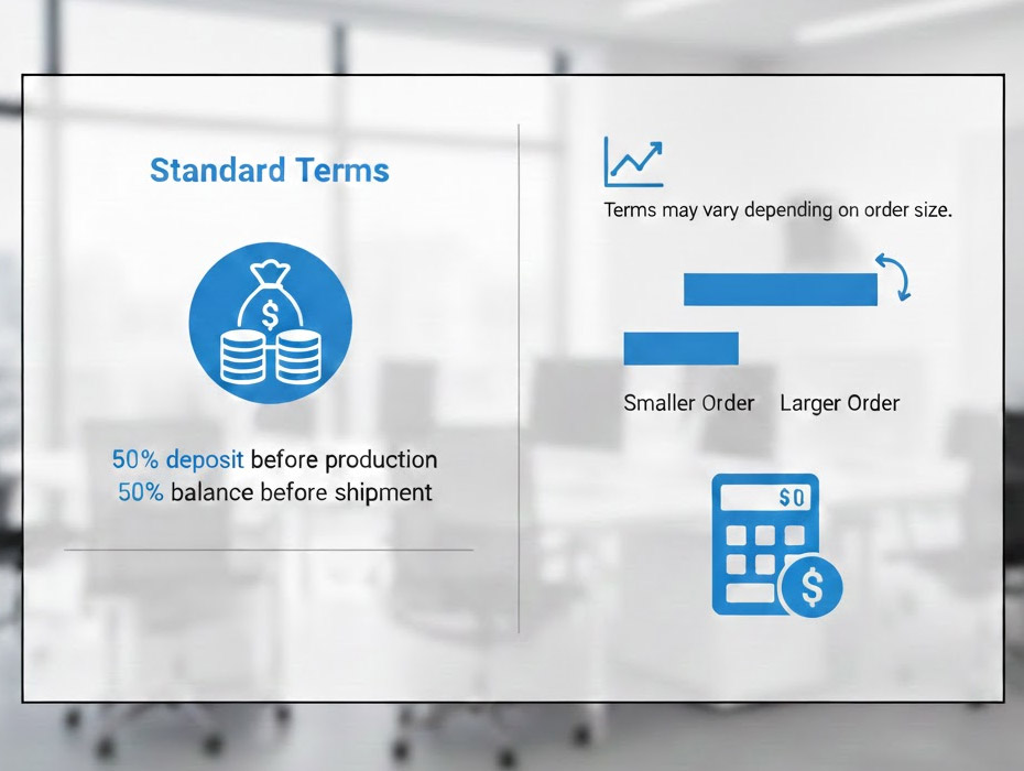 Les conditions standard sont un acompte de 50 % avant production et 50 % avant expédition, selon la taille de la commande.