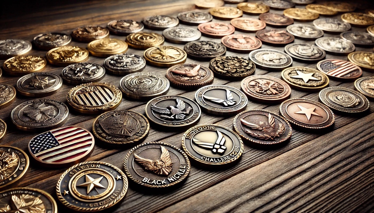 A diverse assortment of challenge coins for military, organizational, or commemorative purposes.