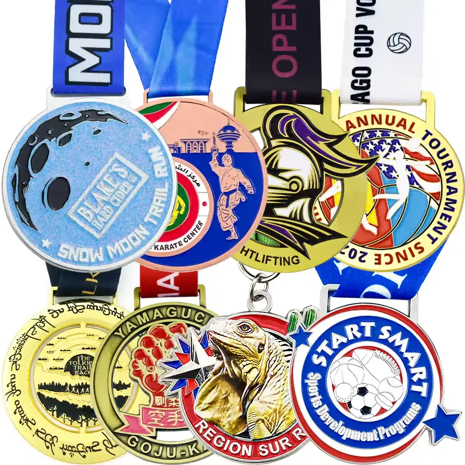 A collection of various sports medals for events like karate, weightlifting, and volleyball.