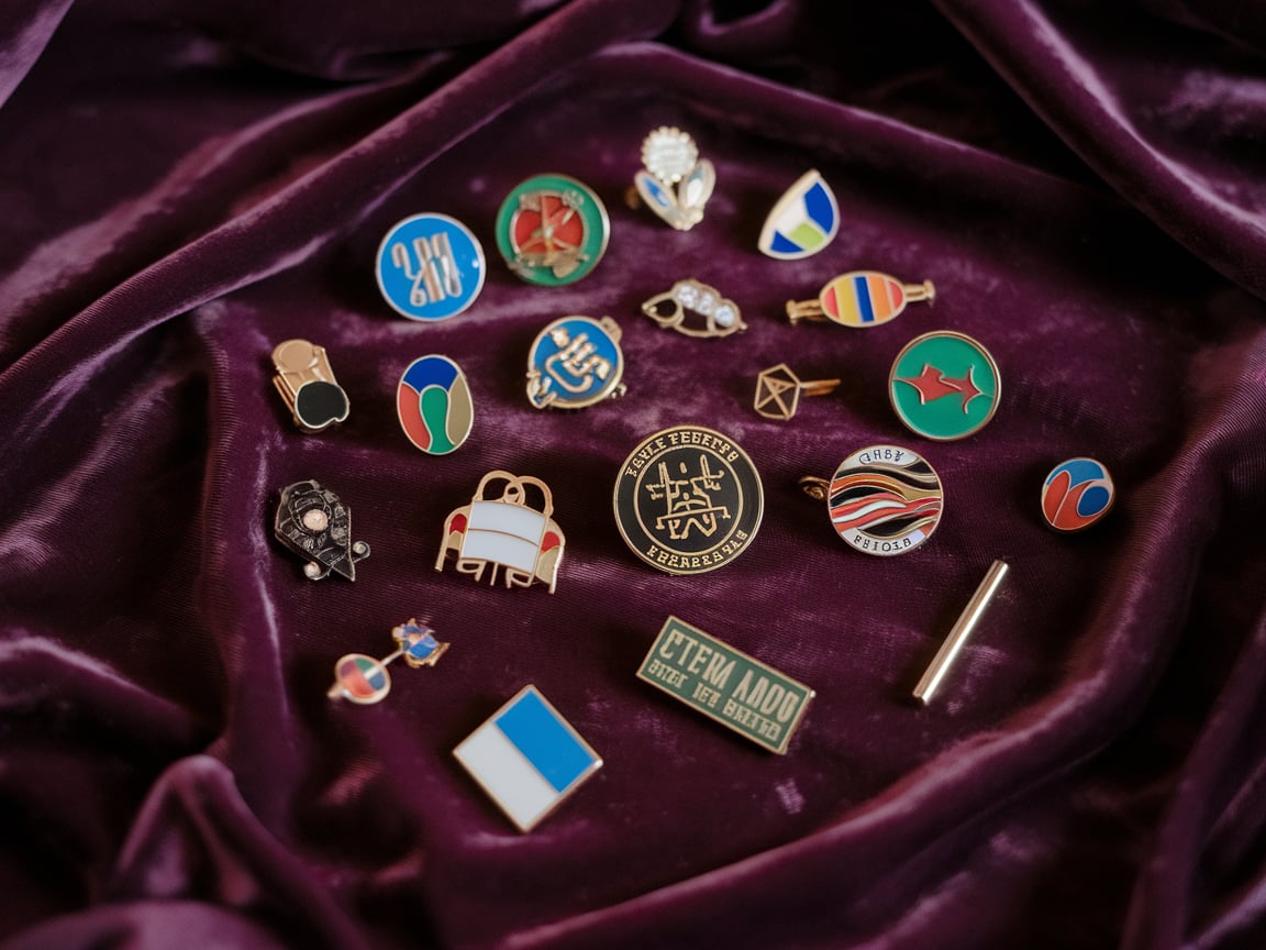 A variety of colorful custom lapel pins and brooches on a purple velvet cloth, illustrating the process of making a lapel pin.