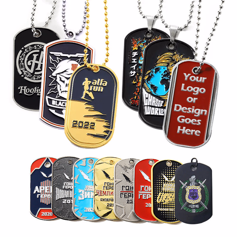 A collection of customizable dog tag necklaces showcasing various designs, colors, and text options.