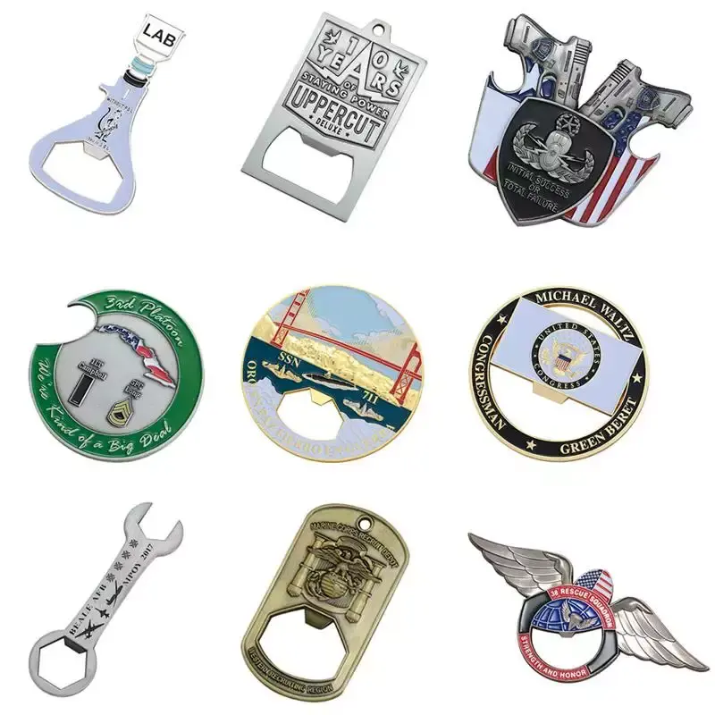 A collection of various custom metal bottle openers with different designs and shapes for promotional purposes.
