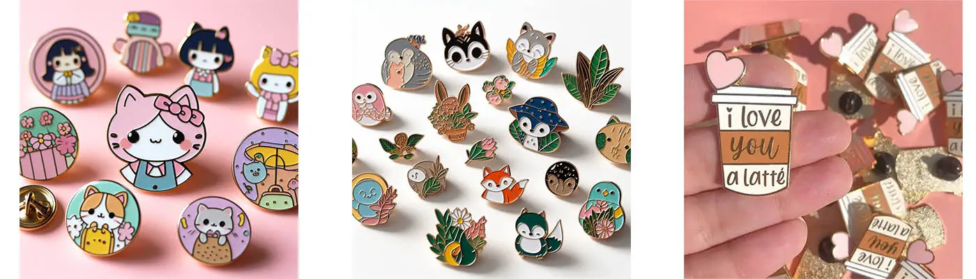 A vibrant collection of custom enamel pins with various designs, including cartoon characters, animals, and coffee themes.