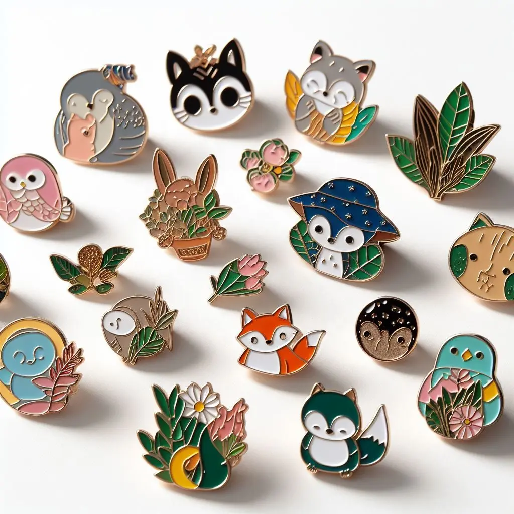 A diverse set of enamel pins featuring various animal and plant designs, showcasing different plating and color options.