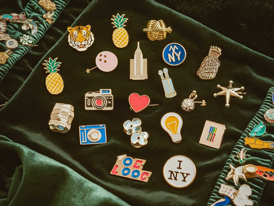 A diverse collection of enamel pins featuring themes like travel, photography, and NYC symbols, displayed for sale.