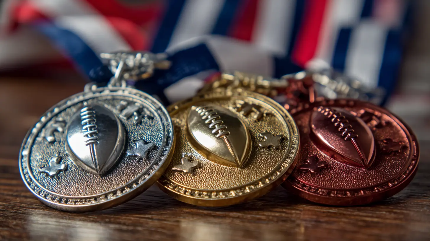 Three football medals in gold, silver, and bronze, representing first, second, and third place awards for a football competition.