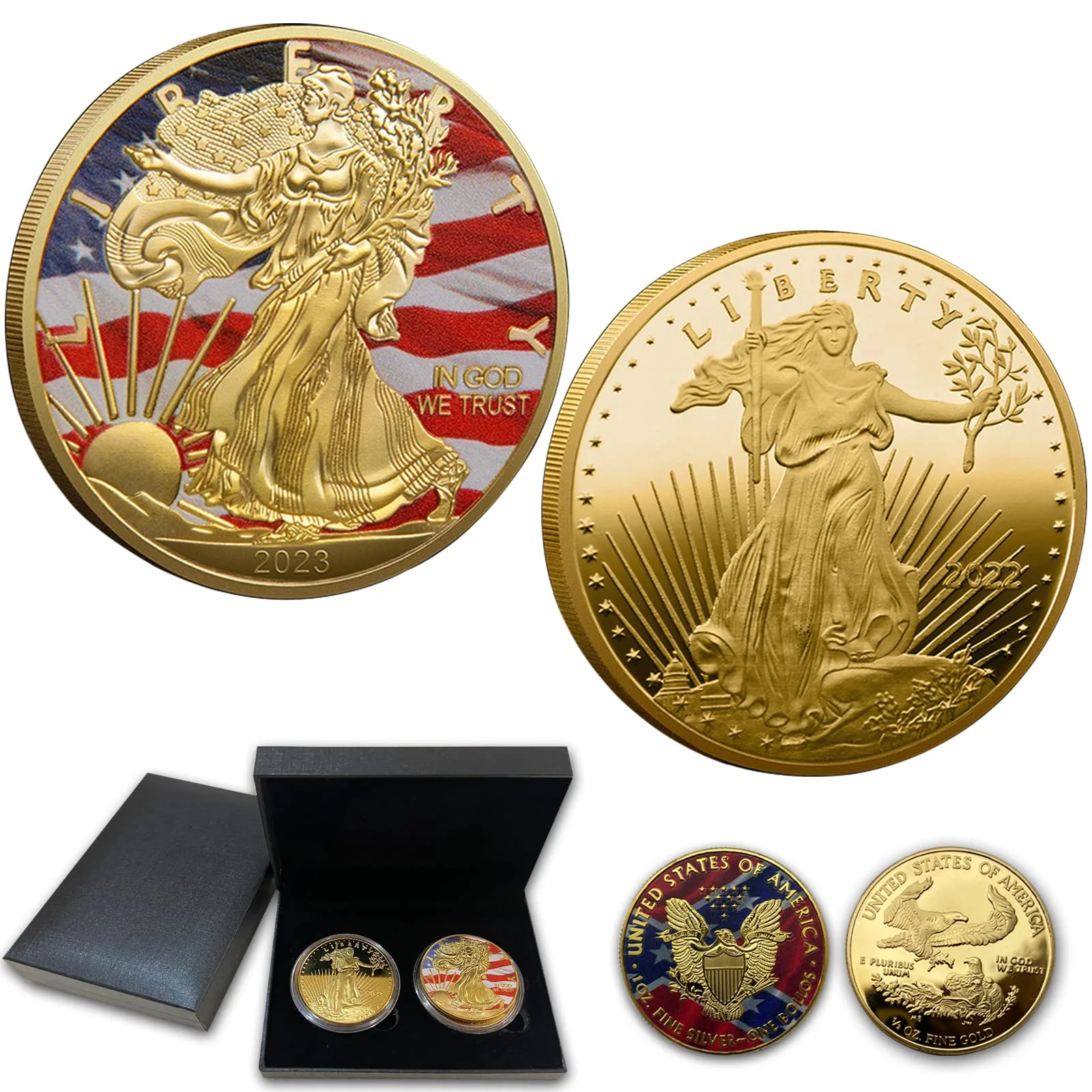 A collection of gold commemorative coins with patriotic themes, including the American flag and symbols of freedom.