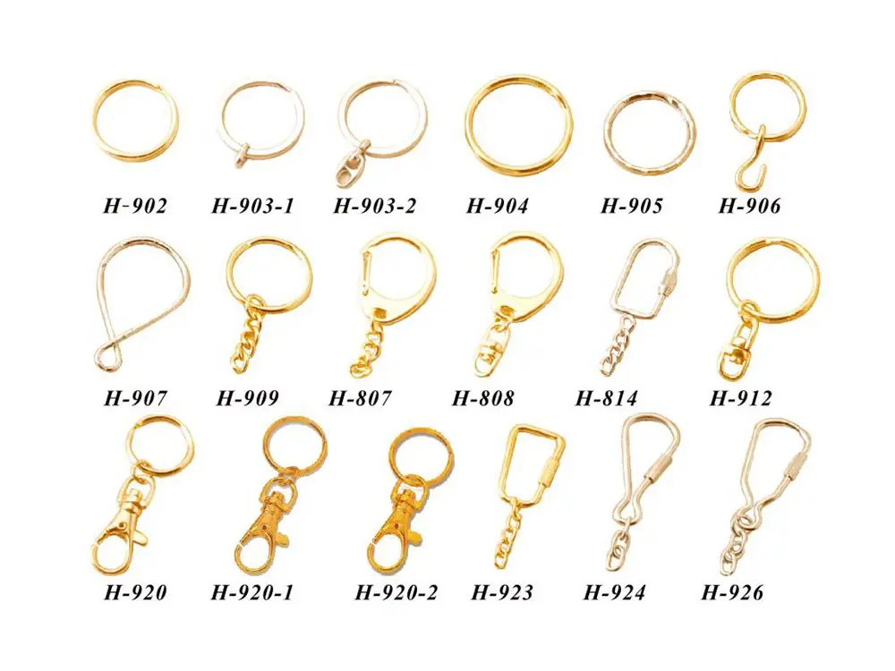 A collection of gold-colored jewelry findings, including various clasps and rings suitable for keychain accessories.