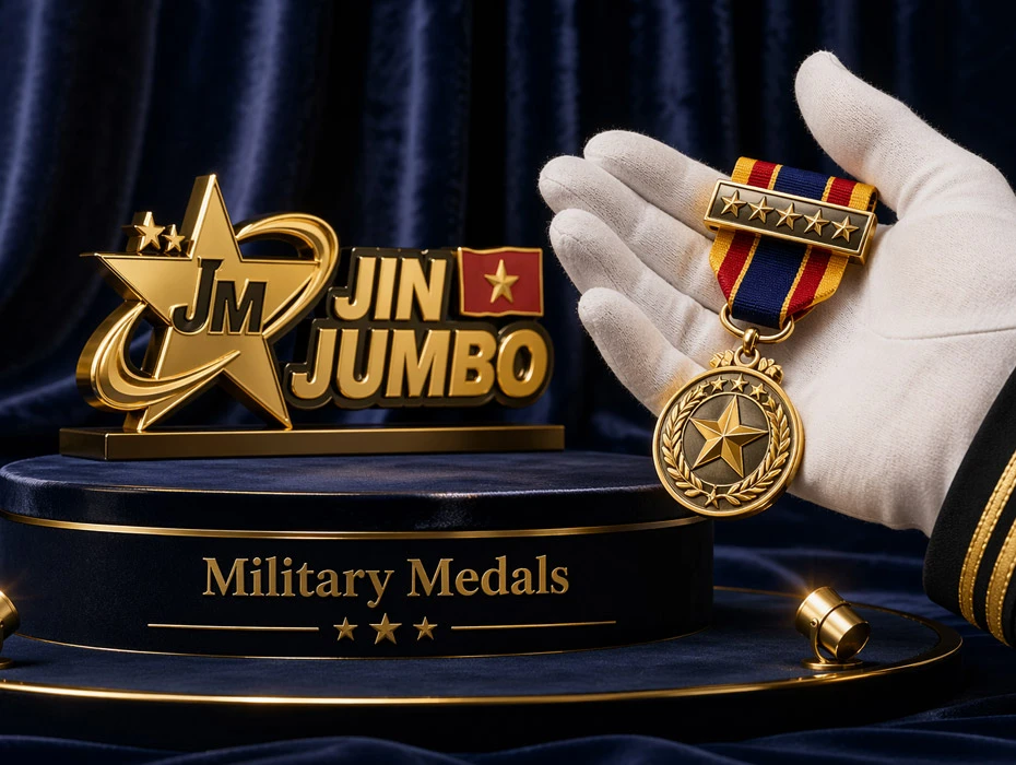 A collection of custom military medals showcasing intricate designs and craftsmanship by Jin Jumbo.