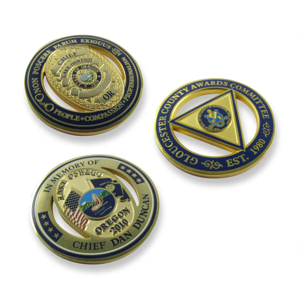 Close-up of commemorative coins for the Lake Oswego Police Chief Dan Duncan.