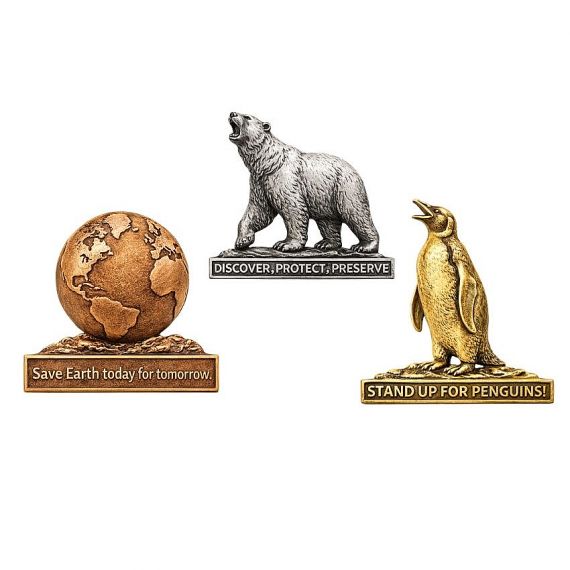 Pewter pins available in various platings: antique gold, silver, and copper.