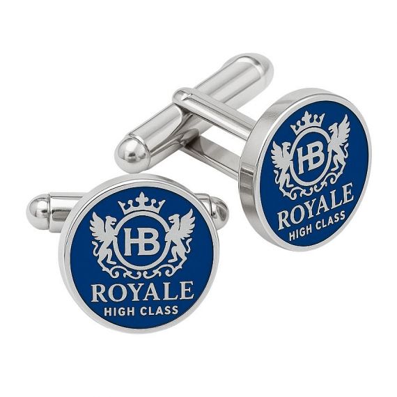 Custom Round Blue Enamel HB Royale High Class Heraldic Griffin Crest Cufflinks in 925 Sterling Silver