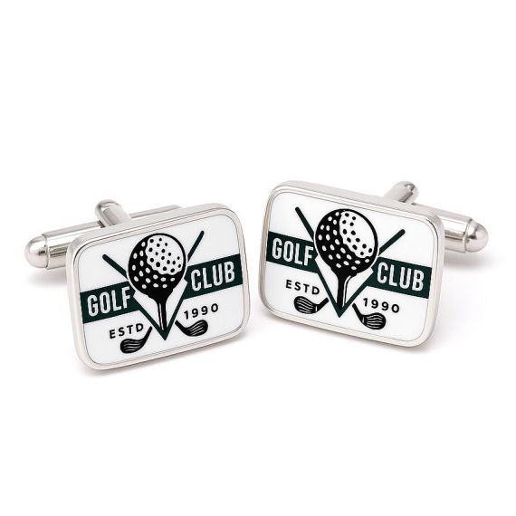 Custom Square Antique Finish Embossed Golf Club Crossed Clubs and Ball No Enamel Vintage Style Cufflinks in 925 Sterling Silver