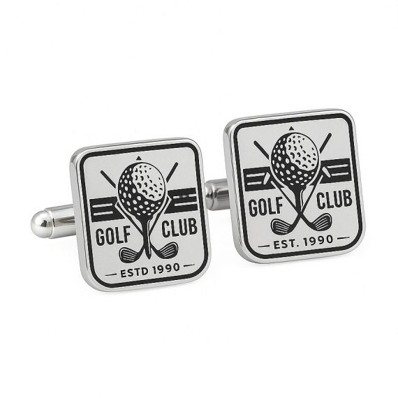 Custom Square Black Enamel Golf Club ESTD 1990 Crossed Clubs and Ball Personalized Sports Cufflinks in 925 Sterling Silver