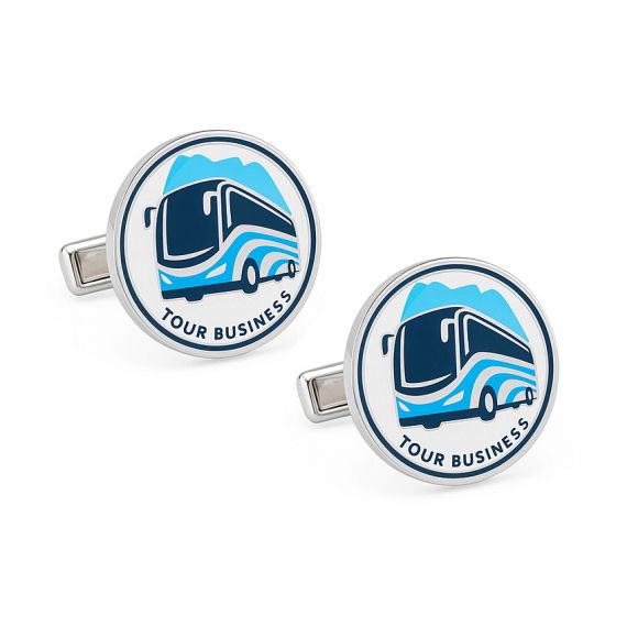 Custom Round White Enamel Full Color Tour Business Coach Bus Logo Cufflinks in 925 Sterling Silver