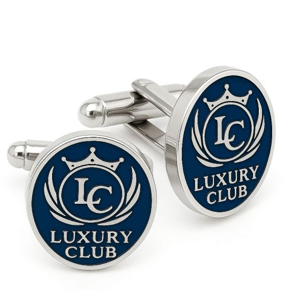 Personalized Round Blue Enamel Luxury Club LC Monogram Crown Cufflinks in Custom 925 Sterling Silver