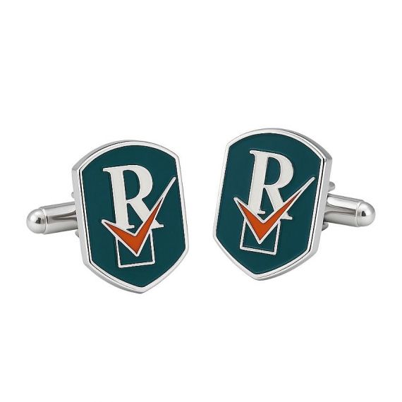Shield Shaped Custom Enamel Cufflinks with Teal Orange R Checkmark Logo in Die-Struck 925 Sterling Silver