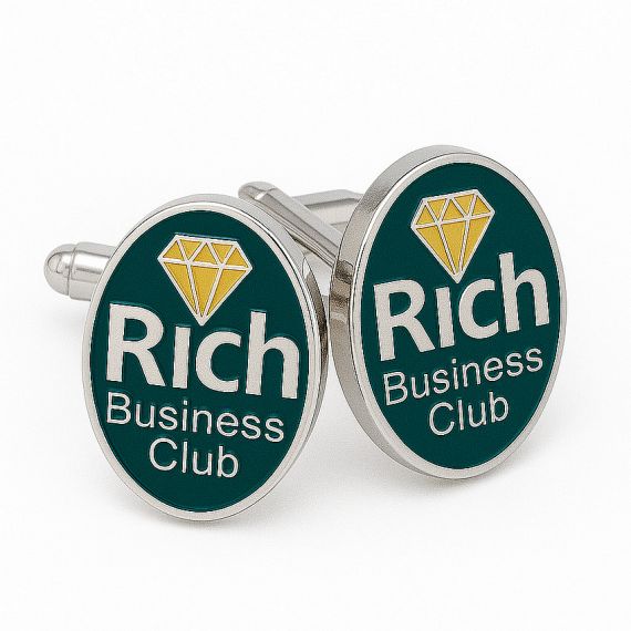 Custom Oval Enamel Cufflinks with Green Hard Enamel and Gold Diamond Rich Business Club Logo in 925 Sterling Silver