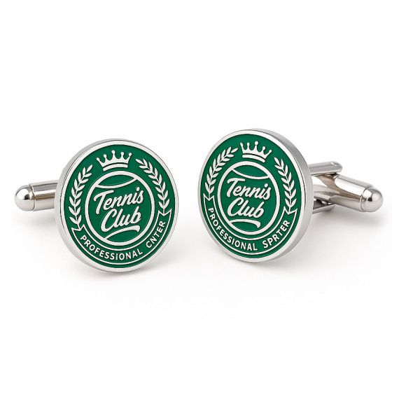 Round Green Enamel Tennis Club Cufflinks with Crown and Laurel Wreath Badge Design in Custom 925 Sterling Silver