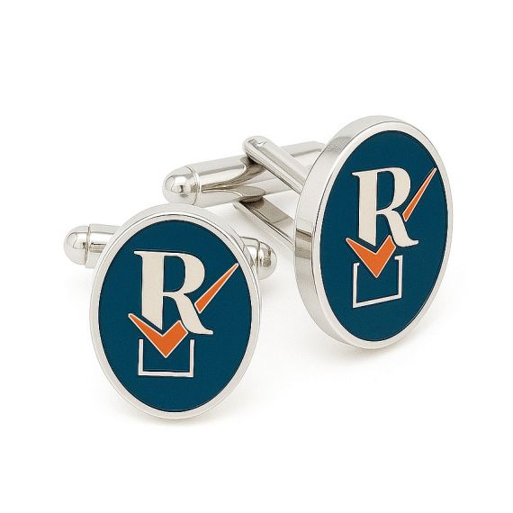 Personalized Oval Teal Blue Hard Enamel R Monogram Orange Checkmark Initial Logo Cufflinks in Custom 925 Sterling Silver