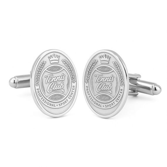 Custom Oval Laser Engraved Tennis Club Professional Sport Center Crown Badge No Enamel High Polish Cufflinks in 925 Sterling Silver