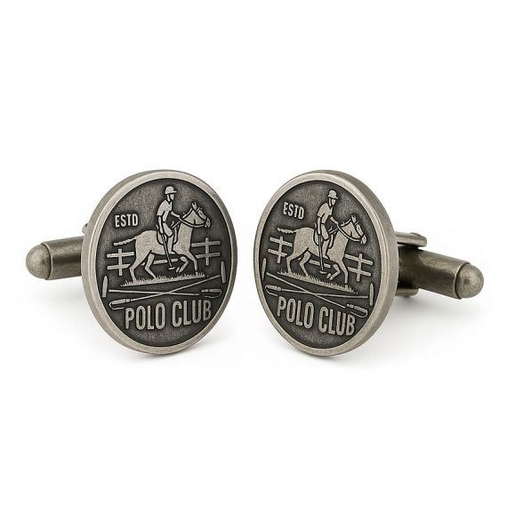 Antique Bronze Oval Custom Polo Club Equestrian Horse and Rider Engraved Cufflinks in Vintage Finish 925 Sterling Silver