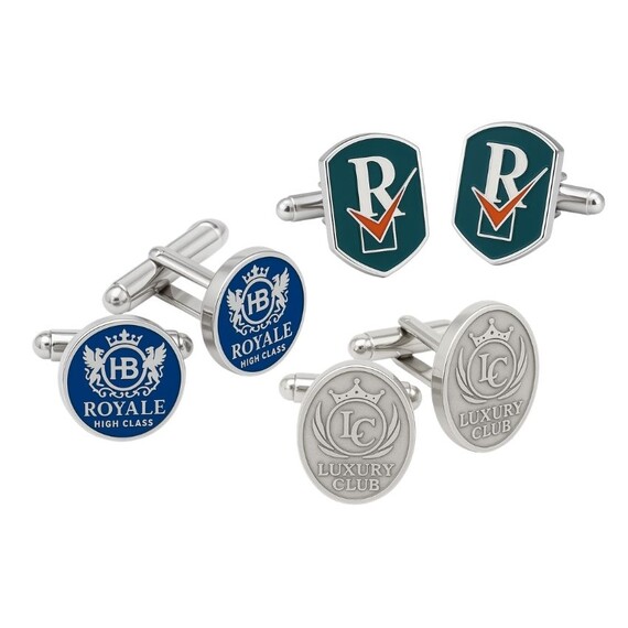 Custom 925 Silver Cufflinks - Four styles of custom silver cufflinks grouped together including HB Royale blue enamel round, R checkmark teal shield, Luxury Club antique oval, and Luxury Club blue enamel designs, bulk corporate cufflinks made in Vietnam