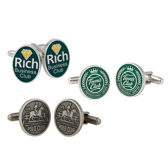 Three pairs of custom 925 sterling silver cufflinks displayed together showing Rich Business Club oval green enamel, Tennis Club round green enamel, and antique Polo Club engraved designs