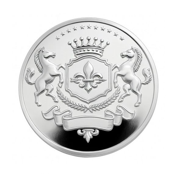 High-relief custom 925 sterling silver coin with detailed royal coat of arms featuring two rearing horses, fleur-de-lis shield, crown, and laurel wreath