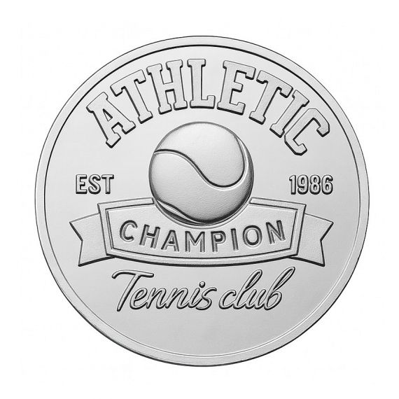 Custom 925 sterling silver coin engraved with Athletic Champion Tennis Club EST 1986 design featuring a raised tennis ball centerpiece and banner