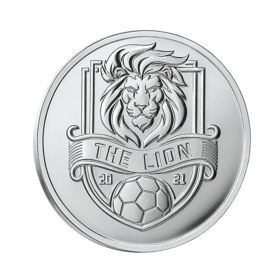 Custom 925 sterling silver coin with deeply embossed The Lion soccer club badge featuring a detailed lion head portrait above a football