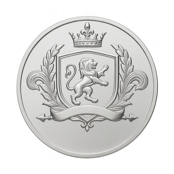 Custom 925 sterling silver coin showcasing an elegant royal heraldic lion rampant shield with crown, fleur-de-lis accent, and ornate laurel branch framing