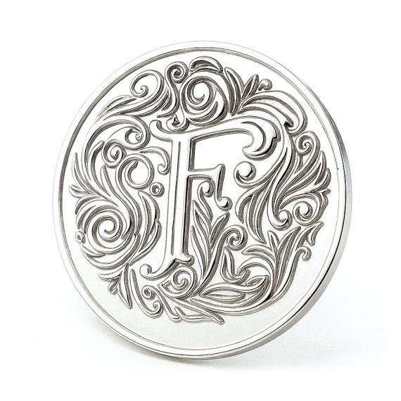 Custom 925 sterling silver coin with intricate baroque filigree scrollwork surrounding an ornate letter F monogram, precision die-struck in Vietnam with 100pcs minimum order quantity.