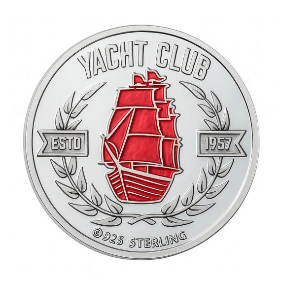 Custom 925 sterling silver Yacht Club commemorative coin with vibrant red enamel tall ship centerpiece, antique finish border, laurel wreath, and ESTD 1957 banners