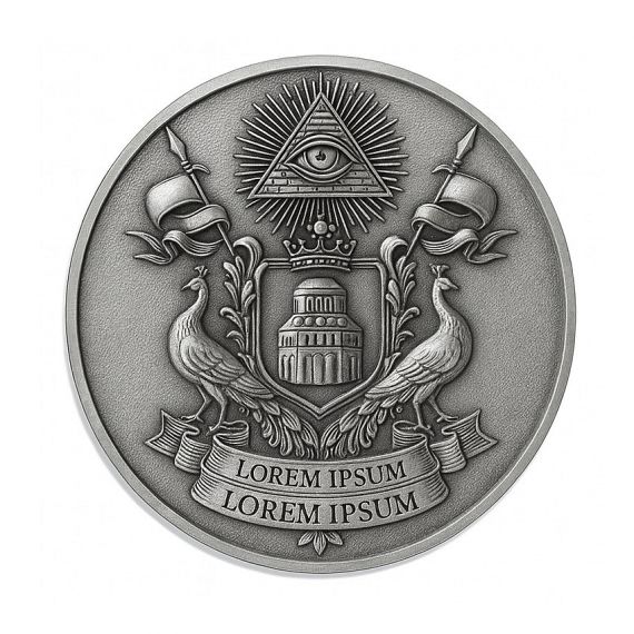 Antique finish custom 925 sterling silver coin featuring deeply struck heraldic coat of arms with all-seeing eye pyramid, peacock supporters, domed building shield, and customizable banner text