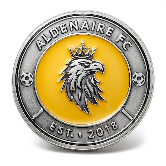 Custom 925 sterling silver sports club coin for Aldenaire FC EST 2018 featuring a crowned eagle head on yellow hard enamel background with antique silver outer ring