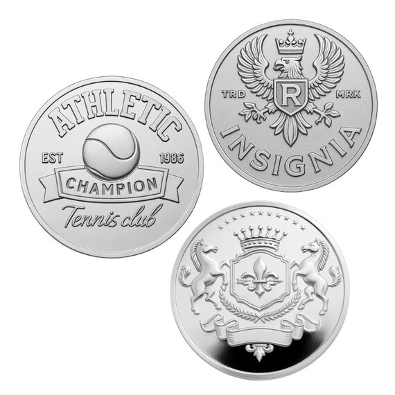 Custom 925 Silver Coins - Three custom 925 sterling silver coins grouped together displaying Athletic Champion Tennis Club, Insignia eagle heraldry, and royal dual-horse coat of arms designs with 50pcs MOQ.