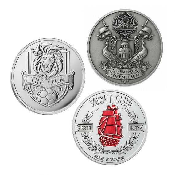 Three custom 925 sterling silver coins displayed together showcasing The Lion soccer badge, antique heraldic coat of arms, and Yacht Club red enamel sailing ship designs
