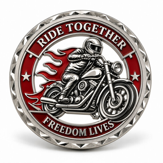 Shiny silver custom cutout challenge coin featuring a motorcycle design, red enamel accents, and a diamond-cut edg