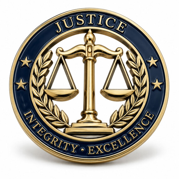 Gold plated custom cutout challenge coin featuring scales of justice, navy blue enamel, and detailed openwork construction.
