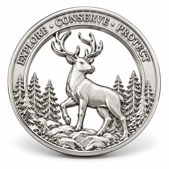 Shiny silver custom cutout challenge coin featuring a 3D deer and forest design with precision openwork details.