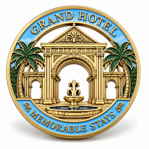 Gold plated custom cutout challenge coin featuring a hotel landmark design with sky blue UV printing and green accents.