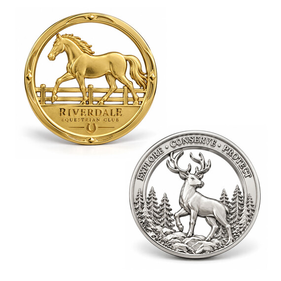 Custom cutout challenge coins featuring equestrian and wildlife designs with open-space silhouettes and detailed metal relief.