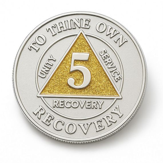 Silver glitter enamel color 5-year AA sobriety coin