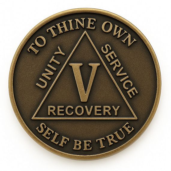 Antique bronze metal embossed words 5-year AA sobriety coin