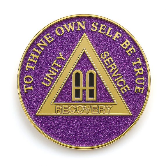 Purple glitter enamel metal AA recovery sobriety coin