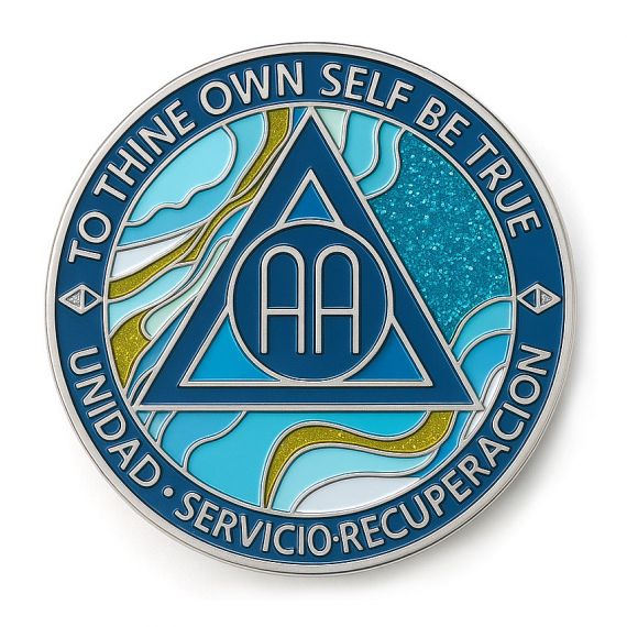 personalized AA sobriety coin with glitter accents