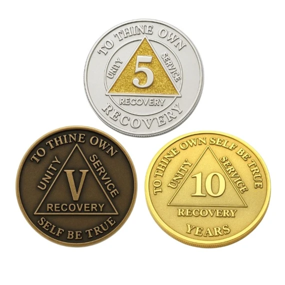 Custom AA Sobriety Coins - custom AA recovery coins set with triangle and year markings