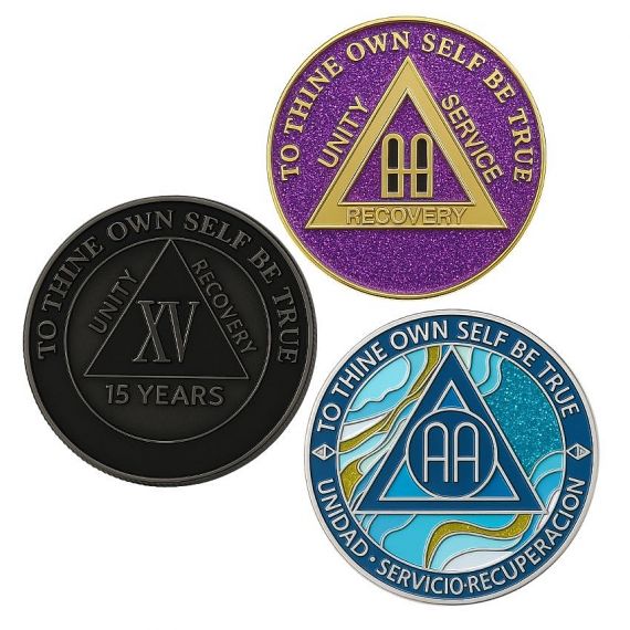 Personalized metal AA sobriety coins in various enamel colors and triangle design